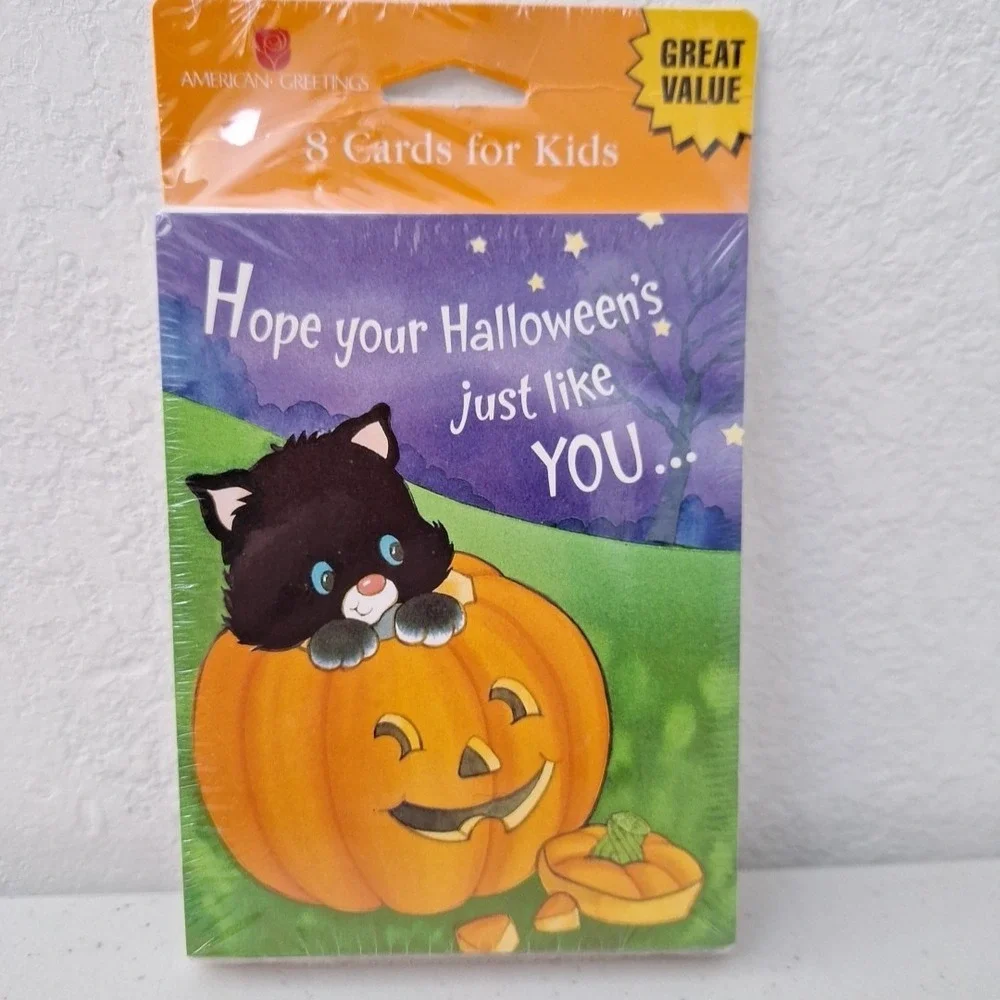 Vintage American Greetings Halloween Cards Black Cat On Pumpkin 8 Cards